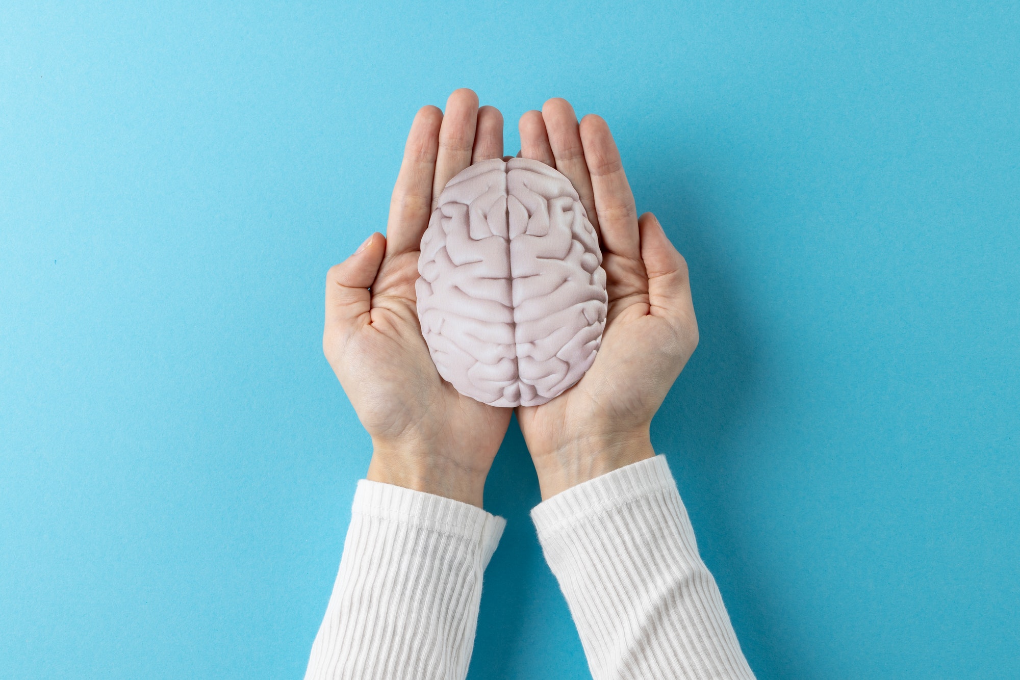 Composition of hands holding brain on blue background with copy space